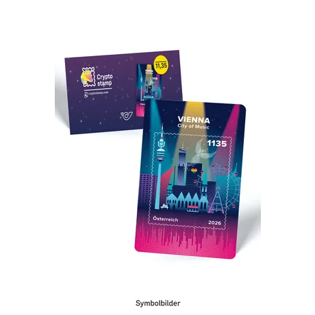 P026_103 PHIL CS City of Music MockUp 888x1356 RZ1 VerpStamp Bezeichung Crypto stamp showing Vienna skyline and Ferris wheel, with colorful packaging featuring logo and price.
