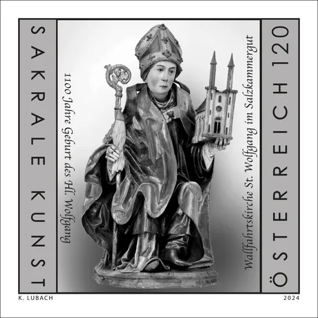 Austrian stamp 2024, €1.20: Sacred art, St. Wolfgang statue, 1100th birth anniversary, Salzkammergut church.