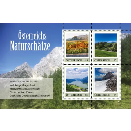 bd0226a9416d793687f37f1eb3b314b071637eb2.png Briefmarken Österreich 2023, Nominale 0,85 €: Weinberge Burgenland, Mostviertel, Ossiacher See, Dachstein.