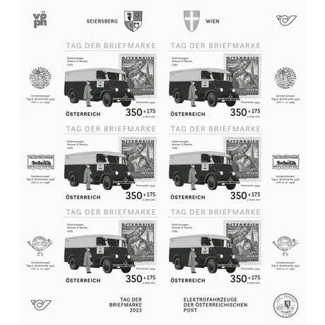 69b2769eede276735b9dc710fd454898a766cadd.jpg Austrian Post stamp sheet 2023, 'Day of the Stamp': 1935 electric postal vehicle, nominal 3.50+1.75 euros.