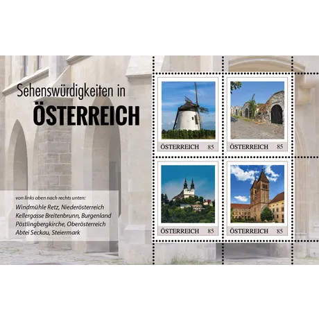 f419ce63ee40fed05a68936dac365c4b0620de38.png Briefmarken Österreich 2023, Serie 'Sehenswürdigkeiten in Österreich', Nominale 0,85 €: Windmühle Retz, Kellergasse Breitenbrunn, Pöstlingbergkirche, Abtei Seckau.