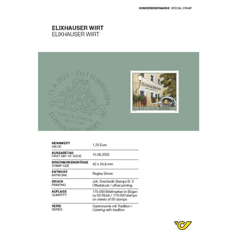 Description sheet for special stamp Elixhauser Wirt with info on value, issue date, size, quantity and series. Austria, year 2025.