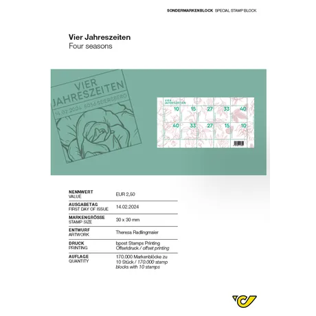 Austrian Post special stamp block 'Four Seasons' (2024), €2.50, floral design, issued on 14.02.2024.