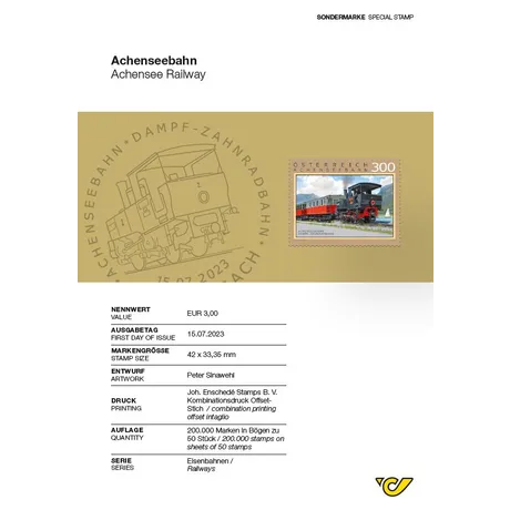 11f3fcebf3b2318223c9e69ef222c545fb117586.jpg Briefmarke Österreich 2023, Nominale 3,00 €: Achenseebahn mit Dampfzahnradbahn und landschaftlichem Hintergrund.