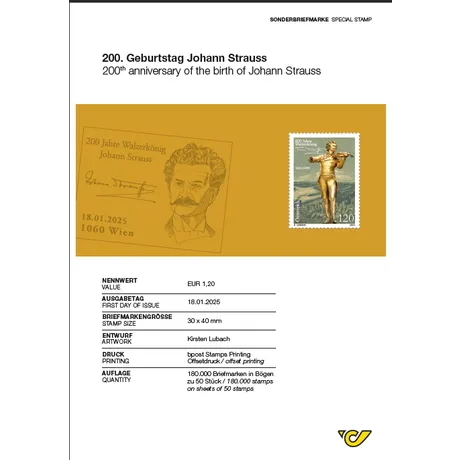 Johann Strauss_de Austrian Post stamp 2025, €1.20: 200th anniversary of Johann Strauss, featuring his golden statue in Vienna.