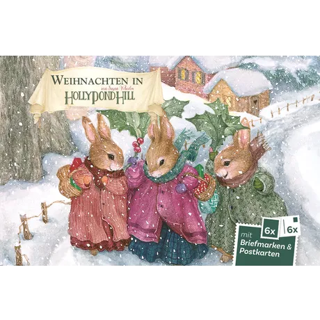 Cover of the Christmas edition Holly Pond Hill by Susan Wheeler shows three rabbits in colorful coats with holly branches snowy landscape and houses in the background note 6 stamps and 6 postcards