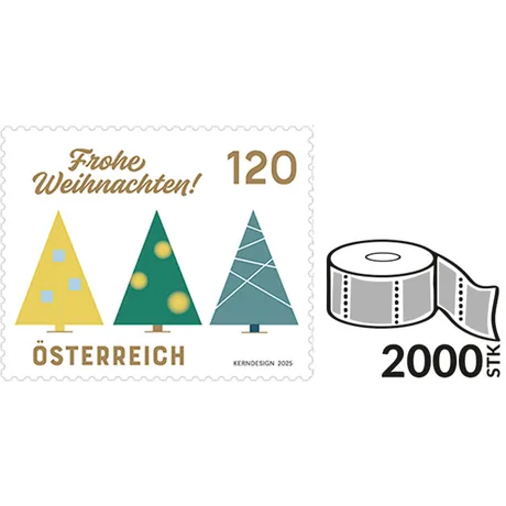 Briefmarkenrolle mit 2000 Stück – Motiv: Drei stilisierte Weihnachtsbäume in Gelb, Grün und Blau mit der Aufschrift ‚Frohe Weihnachten!‘ und dem Wert 120. Gestaltung: KERNDESIGN 2025