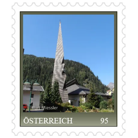 ME1_06.2024 Austrian stamp 95 cents, featuring a modern church with a unique spire against a forested mountain backdrop.