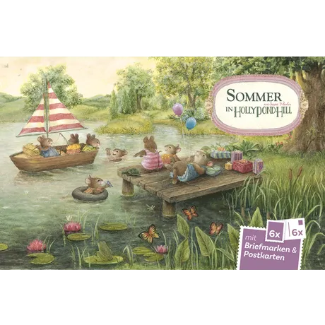 Illustration von Mäusen an einem Teich im Sommer, Teil des Briefmarken- und Postkartensets der Österreichischen Post 'Holly Pond Hill'.