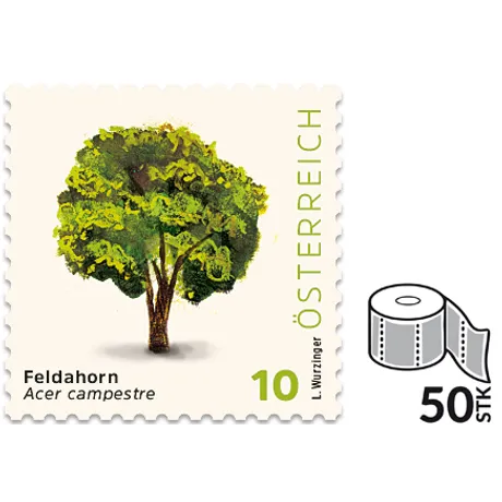 10_Feldahorn_50er Briefmarke Österreich 2023, Nominale 10 Cent: Illustration eines Feldahorns, Rolle mit 50 Stück.