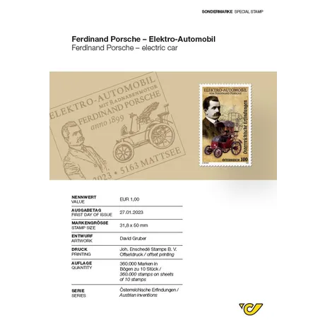 Sondermarke Österreich 2023, Nominale 1,00 €: Ferdinand Porsche Elektro-Automobil, Serie Österreichische Erfindungen.