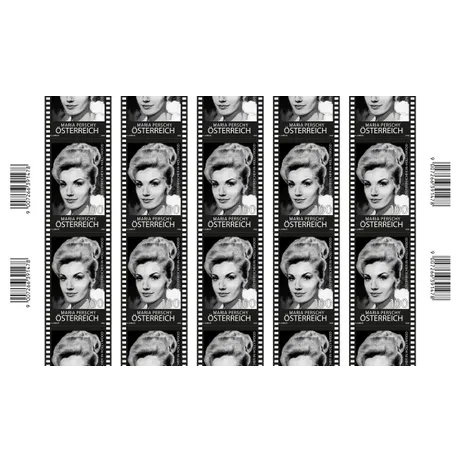 d72b16eb6d26000f693e38622da112bbf3f29b66.jpg Briefmarkenbogen Österreich 2022, Nominale 1,00 €: Maria Perschy, österreichische Schauspielerin in Hollywood, Schwarz-Weiß-Design.