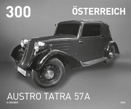 Austrian Post stamp 2024, nominal value 3.00 Euro: Austro Tatra 57A vintage car in black and white.