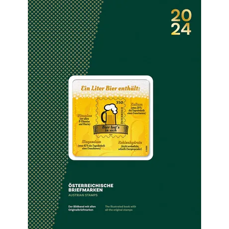 Austrian Post stamp 2024, 3.50 Euro: Beer-themed design with nutritional facts on a green background.