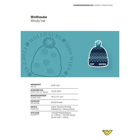 Austrian Post special stamp block 'Woolly Hat', issued 16.02.2022, value €4.30, design by David Gruber.