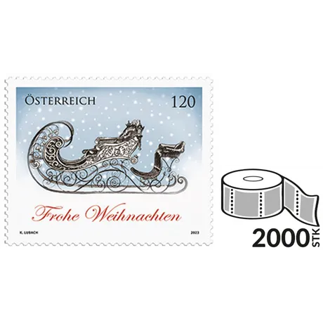 Austrian Post stamp 2023, nominal value 1.20 euros: Christmas sleigh with 'Merry Christmas' text, roll of 2000 stamps.