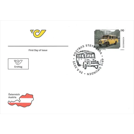 STEYR 380A Ersttagsbrief First day cover with Austrian Post stamp 2025, €1.90: Steyr 380a Postbus (1953), and matching postmark.