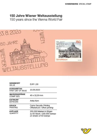 Austrian Post stamp 2023, €1.50: 150 years since the Vienna World Fair, featuring historic architecture.