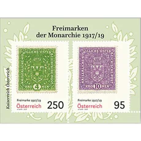 Briefmarken Österreich 2023: 'Freimarken der Monarchie 1917/19' mit grünem 4 Kr und violettem 10 Kr Design.