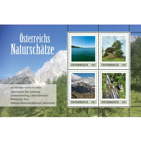 9587a2ec3ca8938a5ffb460e75845e5552290b8c.png Briefmarkenblock der Österreichischen Post 'Österreichs Naturschätze' 2023, je 1,00 €: Obertrumer See, Schwammerling, Wildspitze, Palfauer Wasserlochklamm.