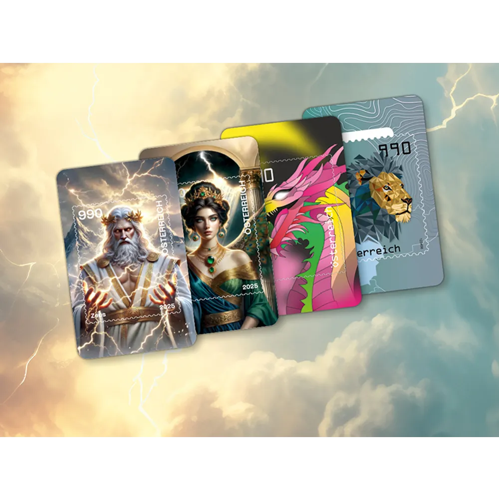 Briefmarken Österreich 2025, Nominale 0,90€: Zeus, Hera, Drache und Löwe auf wolkigem Hintergrund.
