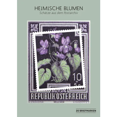 Austrian Post stamp collection cover: violet flowers, 'Heimische Blumen' theme, 20 stamps included.