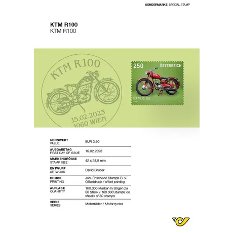 Austrian Post stamp 2023, €2.50: KTM R100 motorcycle on green background, part of the Motorcycles series.