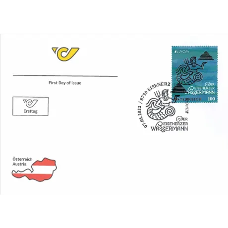 Austrian Post first day cover with 2022 stamp 'Eisenerzer Wassermann', nominal value 1.00 Euro, and special postmark.