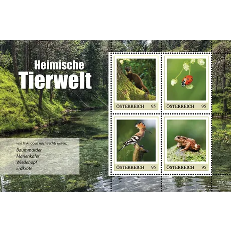 124670_10_ME4_Tiere_MB03_fW_shop Briefmarken Österreich 2023, Nominale 0,95 €: Heimische Tierwelt - Baummarder, Marienkäfer, Wiedehopf, Erdkröte.