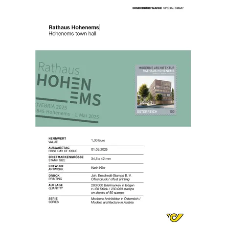 Austrian Post stamp 2025, €1.00: Modern architecture, Hohenems town hall, part of Austria series.