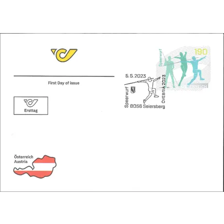 First day cover with Austrian Post stamp 'Austria 2023, Nominal 1.90 Euro: Javelin Throw' and postmark '8056 Seiersberg'.