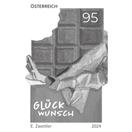 Briefmarke Österreich 2024, Nominale 0,95 Euro: Schokoladentafel mit Verpackung, Text 'Glückwunsch'.