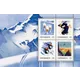 Austrian Post 2023 stamp set, 0.95€ each: vintage skiing and cable car motifs with snowy mountain background.