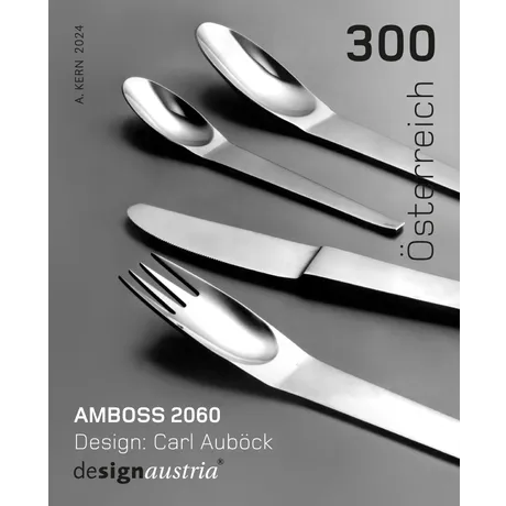 9f4ea015b8ba6eae297e0c5bd53d79d15bc4ac10.png Briefmarke Österreich 2024, Nominale 3,00 Euro: Amboss 2060 Besteckdesign von Carl Auböck, designaustria-Logo.
