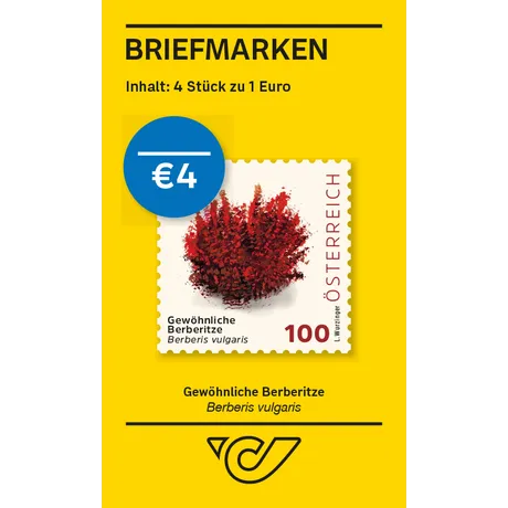 Austrian Post stamp set: 4 stamps for €4. Stamp: Austria 2023, €1.00, Common Barberry illustration.