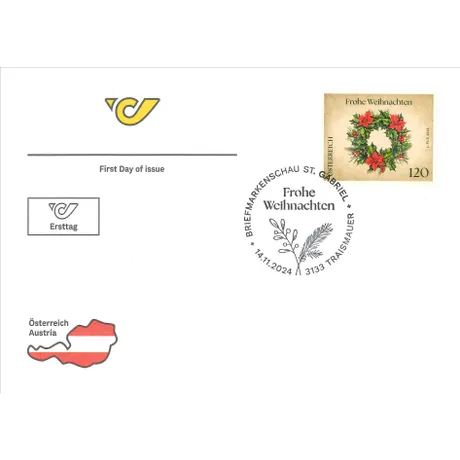 FDC_WN-Weihnachtskranz_1124 First Day Cover with Austrian Post stamp 'Austria 2024, Nominal 1.20 Euro: Christmas Wreath' and special postmark.