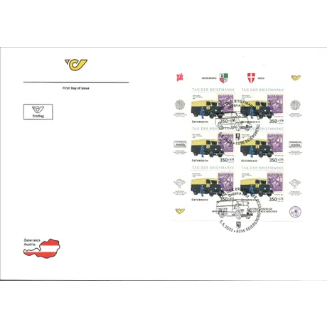 First Day Cover with Austrian Post stamps 2023, 3.50+1.75€, featuring vintage postal vehicles, 'Day of the Stamp'.