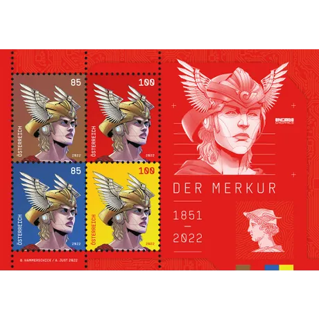 fae8d9ba884a96cf4f608707491b29c58f3a534b.jpg Briefmarkenblock Österreich 2022: 'Der Merkur'-Design mit Flügelhelm, Nominale 0,85€ und 1,00€.