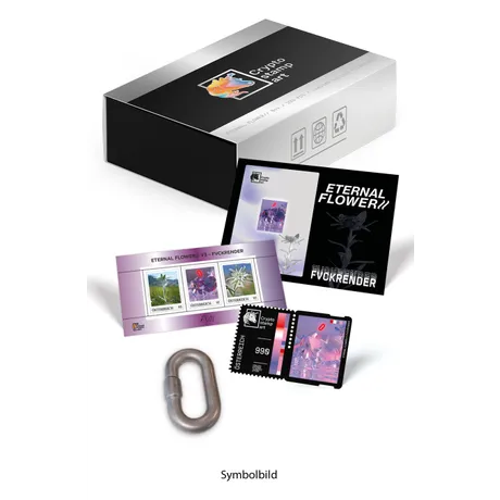 Österreichische Post Crypto Stamp Art Set 'Eternal Flower' mit Briefmarken, Sammlerbox und Metallkettenglied.