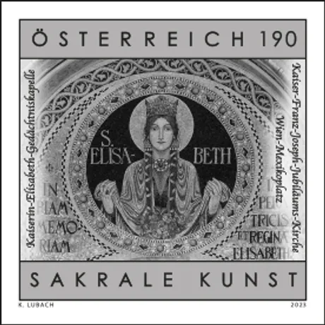 Austrian stamp 2023, nominal value 1.90 euros: Sacred art featuring St. Elisabeth mosaic, Kaiser-Franz-Joseph-Chapel, Vienna.