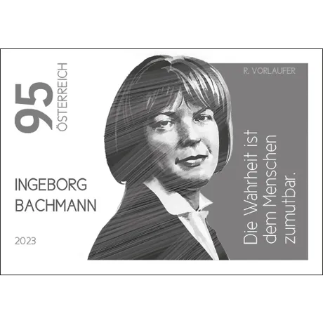 Briefmarke Österreich 2023, Nominale 0,95 Euro: Porträt von Ingeborg Bachmann mit Zitat 'Die Wahrheit ist dem Menschen zumutbar.'