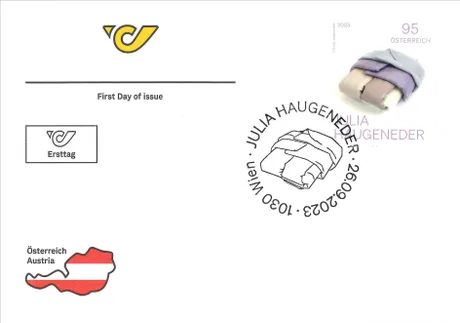 First day cover with Austrian Post stamp 2023, 0.95 Euro: folded textiles by Julia Haugeneder, Vienna postmark.