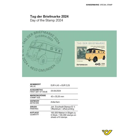 Austrian Post stamp 2024, €4.45+€2.23: Day of the Stamp, featuring a yellow postal bus and Gmunden scenery.