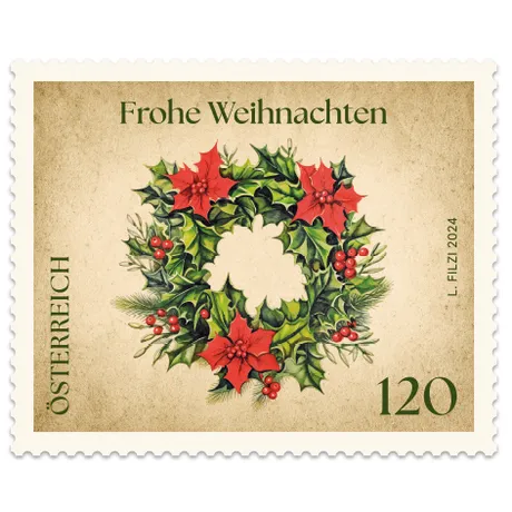 224460-Weihnachten-Weihnachtskranz-ONLINESHOP Briefmarke Österreich 2024, Nominale 1,20 Euro: Weihnachtskranz mit Stechpalmen und Weihnachtssternen, Text 'Frohe Weihnachten'.