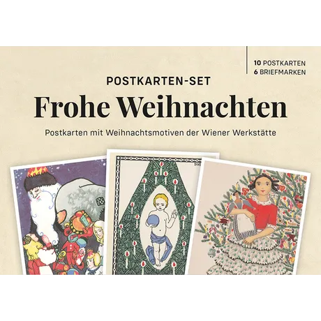 Austrian Post Christmas postcard set with Wiener Werkstätte designs, includes 10 postcards and 6 stamps.