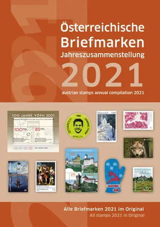 39059288ee5609f96fb80a56f9d8446f6ae82c55.jpg Titelbild der Jahreszusammenstellung 2021 der Österreichischen Post mit verschiedenen österreichischen Briefmarken.