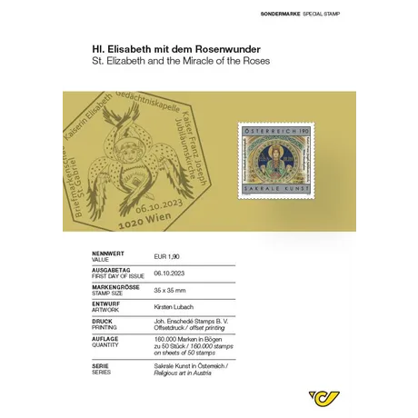 c9a16d64e90bdd3fea9b3f706a485f20faa59c5a.jpg Briefmarke Österreich 2023, Nominale 1,90 €: Hl. Elisabeth mit dem Rosenwunder, Serie 'Sakrale Kunst in Österreich'.