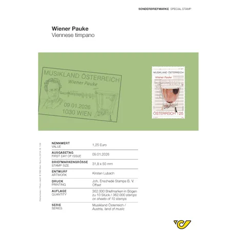 A large Viennese timpani (a classical percussion instrument), depicted in realistic form. The kettle is copper-colored, the drumhead surface is white, and the mechanism underneath is clearly visible. In the background, a sheet of music with musical notes and staff lines