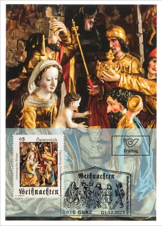 Austrian Post stamp 2023, 0.95 Euro: 'Adoration of the Magi' artwork, Christmas theme, first day postmark Graz.