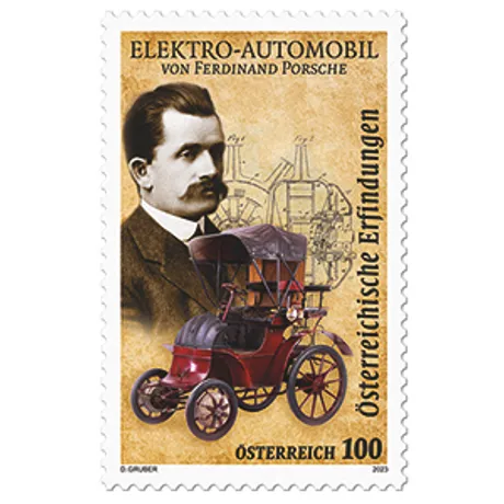 Briefmarke Österreich 2023, Nominale 1,00 Euro: Ferdinand Porsche und seine Elektroauto-Erfindung.